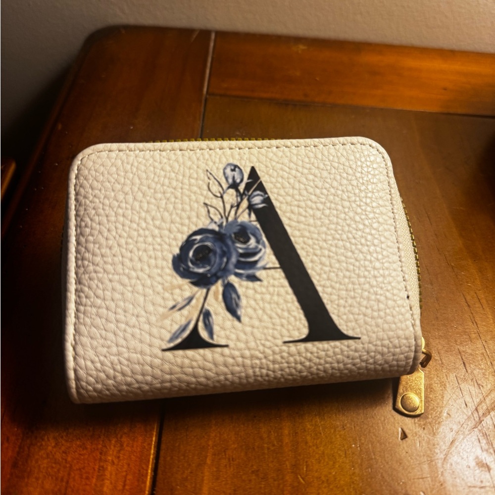 Anthropologie “A” White Wallet with Blue Floral Accent